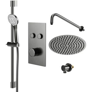 Colore Round Gunmetal Grey Concealed Push Button Twin Thermostatic Shower Valve Including 200mm Fixed Shower Head with Wall Arm and Slide Rail Kit Colore Round Gunmetal Grey Concealed Push Button Twin Thermostatic Shower Valve Including 200mm Fixed Shower Head with Wall Arm and Slide Rail Kit