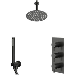 Colore Round Gunmetal Grey Concealed Triple Thermostatic Shower Valve and 200mm Fixed Head with 150mm Ceiling Arm and Outlet Holder with Kit - 2 Colore Round Gunmetal Grey Concealed Triple Thermostatic Shower Valve and 200mm Fixed Head with 150mm Ceiling Arm and Outlet Holder with Kit - 2