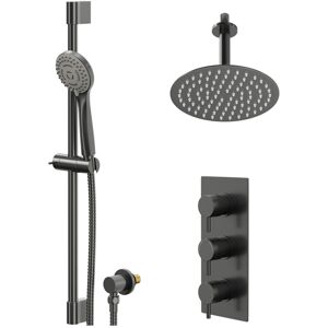 Colore - Round Gunmetal Grey Concealed Triple Thermostatic Shower Valve and 200mm Fixed Head with 150mm Ceiling Arm and Slide Rail Kit - 2 Outlet Colore - Round Gunmetal Grey Concealed Triple Thermostatic Shower Valve and 200mm Fixed Head with 150mm Ceiling Arm and Slide Rail Kit - 2 Outlet