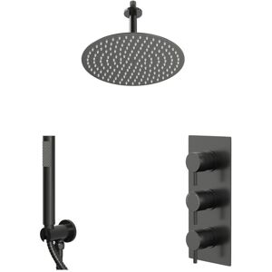Colore - Round Gunmetal Grey Concealed Triple Thermostatic Shower Valve and 300mm Fixed Head with 150mm Ceiling Arm and Outlet Holder with Kit - 2 Colore - Round Gunmetal Grey Concealed Triple Thermostatic Shower Valve and 300mm Fixed Head with 150mm Ceiling Arm and Outlet Holder with Kit - 2