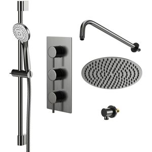 Colore - Round Gunmetal Grey Concealed Triple Thermostatic Shower Valve Including 200mm Fixed Shower Head with Wall Arm and Slide Rail Kit - 2 Outlet Colore - Round Gunmetal Grey Concealed Triple Thermostatic Shower Valve Including 200mm Fixed Shower Head with Wall Arm and Slide Rail Kit - 2 Outlet
