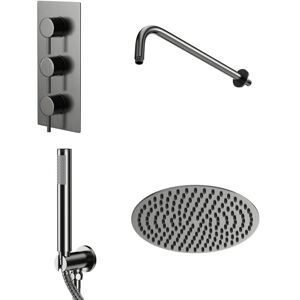 Colore - Round Gunmetal Grey Concealed Triple Thermostatic Valve Mixer Shower Including 300mm Fixed Shower Head with Wall Arm and Shower Outlet Colore - Round Gunmetal Grey Concealed Triple Thermostatic Valve Mixer Shower Including 300mm Fixed Shower Head with Wall Arm and Shower Outlet