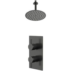 Colore Round Gunmetal Grey Concealed Twin Thermostatic Shower Valve and 200mm Thin Round Fixed Head with 150mm Ceiling Arm - 1 Outlet Colore Round Gunmetal Grey Concealed Twin Thermostatic Shower Valve and 200mm Thin Round Fixed Head with 150mm Ceiling Arm - 1 Outlet