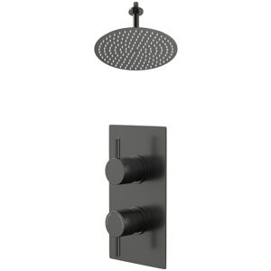 Colore - Round Gunmetal Grey Concealed Twin Thermostatic Shower Valve and 300mm Thin Round Fixed Head with 150mm Ceiling Arm - 1 Outlet Colore - Round Gunmetal Grey Concealed Twin Thermostatic Shower Valve and 300mm Thin Round Fixed Head with 150mm Ceiling Arm - 1 Outlet