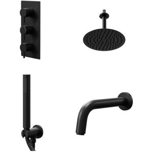 Colore Round Matt Black Concealed Triple Thermostatic Shower Valve with Diverter and 200mm Fixed Head with 150mm Ceiling Arm and Outlet Holder with Colore Round Matt Black Concealed Triple Thermostatic Shower Valve with Diverter and 200mm Fixed Head with 150mm Ceiling Arm and Outlet Holder with