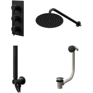 COLORE Round Matt Black Concealed Triple Thermostatic Shower Valve with Diverter and 200mm Fixed Head with 345mm Wall Arm and Outlet Holder with Kit and COLORE Round Matt Black Concealed Triple Thermostatic Shower Valve with Diverter and 200mm Fixed Head with 345mm Wall Arm and Outlet Holder with Kit and