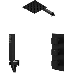 Colore Square Matt Black Concealed Triple Thermostatic Shower Valve and 200mm Fixed Head with 345mm Wall Arm and Outlet Holder with Kit - 2 Outlet Colore Square Matt Black Concealed Triple Thermostatic Shower Valve and 200mm Fixed Head with 345mm Wall Arm and Outlet Holder with Kit - 2 Outlet