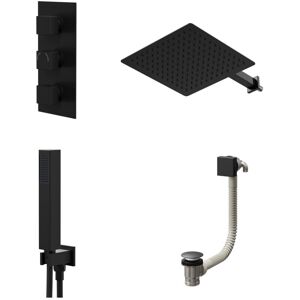 COLORE Square Matt Black Concealed Triple Thermostatic Shower Valve with Diverter and 300mm Fixed Head with 345mm Wall Arm and Outlet Holder with Kit and COLORE Square Matt Black Concealed Triple Thermostatic Shower Valve with Diverter and 300mm Fixed Head with 345mm Wall Arm and Outlet Holder with Kit and