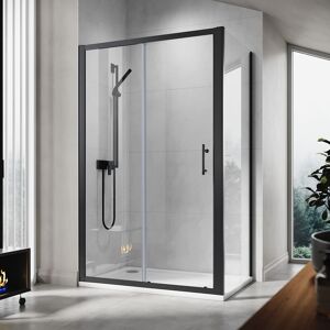 ELEGANT 1100mm Black Frame Sliding Shower Door Enclosure with 900mm Side Glass Panel 6mm Tempered Glass with 1100x900mm Shower Tray, Waste Trap ELEGANT 1100mm Black Frame Sliding Shower Door Enclosure with 900mm Side Glass Panel 6mm Tempered Glass with 1100x900mm Shower Tray, Waste Trap