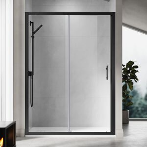 1400mm Sliding Shower Enclosure Black Frame Shower Door 6mm Tempered Glass with 1400x700mm Non Slip Shower Tray, Waste Trap - Elegant 1400mm Sliding Shower Enclosure Black Frame Shower Door 6mm Tempered Glass with 1400x700mm Non Slip Shower Tray, Waste Trap - Elegant