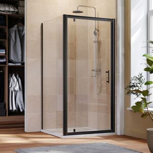900mm Black Frame Pivot Hinge Shower Door 6mm Safety Glass Shower Enclosure Cubicle with Side Panel, Rectangular smc Tray and Waste Trap - Elegant 900mm Black Frame Pivot Hinge Shower Door 6mm Safety Glass Shower Enclosure Cubicle with Side Panel, Rectangular smc Tray and Waste Trap - Elegant
