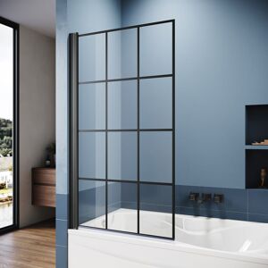 ELEGANT Bath Screen 800x1400mm Framed Matte Black Grid 5mm Safety Tempered Glass Panel with 180 Degree Pivot Bath Shower Screen ELEGANT Bath Screen 800x1400mm Framed Matte Black Grid 5mm Safety Tempered Glass Panel with 180 Degree Pivot Bath Shower Screen