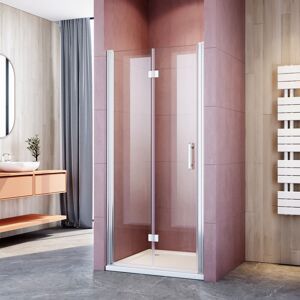 Frameless 700mm Bi-Fold Shower Door Enclosure 6mm Walk in Safety Tempered Glass Bathroom with Shower Tray 900x700mm and Waste Trap - Elegant Frameless 700mm Bi-Fold Shower Door Enclosure 6mm Walk in Safety Tempered Glass Bathroom with Shower Tray 900x700mm and Waste Trap - Elegant