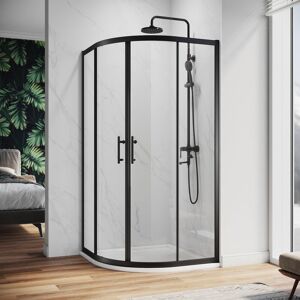 Quadrant Shower Enclosure Black Frame Sliding Cubicle Door 6mm Tempered Glass 800 x 800 mm with White Tray + Waste Tray (Black) - Elegant Quadrant Shower Enclosure Black Frame Sliding Cubicle Door 6mm Tempered Glass 800 x 800 mm with White Tray + Waste Tray (Black) - Elegant