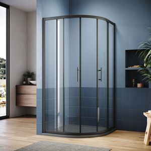 Quadrant Shower Enclosure Black Frame Sliding Cubicle Door 6mm Tempered Glass 900 x 900 mm with Grey Tray + Waste Tray (Black) - Elegant Quadrant Shower Enclosure Black Frame Sliding Cubicle Door 6mm Tempered Glass 900 x 900 mm with Grey Tray + Waste Tray (Black) - Elegant