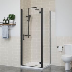 NRG Frameless Hinged Shower Door Enclosure Glass Screen Walk In Cubicle with Side Panel Black 800x760mm NRG Frameless Hinged Shower Door Enclosure Glass Screen Walk In Cubicle with Side Panel Black 800x760mm
