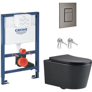 Low 0.82 m Rapid sl Frame + Black sat Rimless Toilet + Brushed Hard Graphite Flush Plate (RapidSLBlackSAT-AL0-82) - Grohe Low 0.82 m Rapid sl Frame + Black sat Rimless Toilet + Brushed Hard Graphite Flush Plate (RapidSLBlackSAT-AL0-82) - Grohe