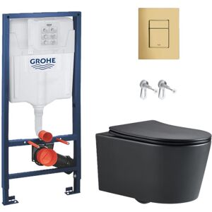Toilet Pack Rapid sl Frame + Black sat Rimless Toilet + Gold Mirror Effect Flush Plate (RapidSLBlackSAT-gold) - Grohe Toilet Pack Rapid sl Frame + Black sat Rimless Toilet + Gold Mirror Effect Flush Plate (RapidSLBlackSAT-gold) - Grohe