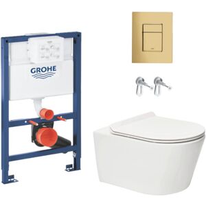 Toilet Pack Rapid sl Frame + Brevis Rimless Wall-Hung Toilet + Gold Mirror Effect Flush Plate (RapidSLBrevis-bgold-82) - Grohe Toilet Pack Rapid sl Frame + Brevis Rimless Wall-Hung Toilet + Gold Mirror Effect Flush Plate (RapidSLBrevis-bgold-82) - Grohe