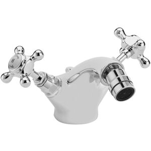 Hudson Reed - Topaz Hexagonal Collar Bidet Mixer Tap with Waste Crosshead Handle - White/Chrome Hudson Reed - Topaz Hexagonal Collar Bidet Mixer Tap with Waste Crosshead Handle - White/Chrome