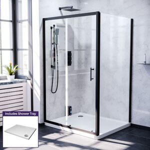 NES HOME Magna 1100mm Shower Sliding Door, 700mm Frameless Glass Side Panel Screen & Tray Matte Black NES HOME Magna 1100mm Shower Sliding Door, 700mm Frameless Glass Side Panel Screen & Tray Matte Black