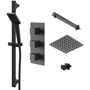 Colore Square Matt Black Concealed Triple Thermostatic Shower Valve with Square Fixed Shower Head and Square Slide Rail Kit - 2 Outlet Colore Square Matt Black Concealed Triple Thermostatic Shower Valve with Square Fixed Shower Head and Square Slide Rail Kit - 2 Outlet