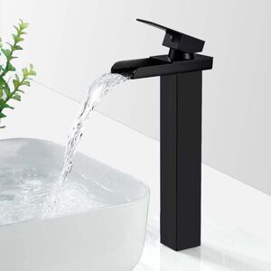 YMYNY Matte Black Waterfall Bathroom Faucet, High Waterfall Basin Mixer Tap, Basin Faucet with Height Spout, Square Brass Countertop Basin Faucet, Hot & YMYNY Matte Black Waterfall Bathroom Faucet, High Waterfall Basin Mixer Tap, Basin Faucet with Height Spout, Square Brass Countertop Basin Faucet, Hot &