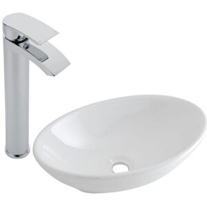 No Brand - Milano Altham - Modern 520mm x 320mm White Ceramic Oval Countertop Bathroom Basin Sink - With High Rise Tap No Brand - Milano Altham - Modern 520mm x 320mm White Ceramic Oval Countertop Bathroom Basin Sink - With High Rise Tap