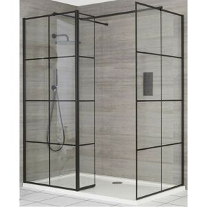 Milano Barq - Corner Walk In Wet Room Shower Enclosure with Black Grid Pattern Screens Hinged Return Panel Support Arms and White Tray - 1500mm x 900mm Milano Barq - Corner Walk In Wet Room Shower Enclosure with Black Grid Pattern Screens Hinged Return Panel Support Arms and White Tray - 1500mm x 900mm
