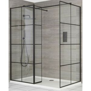 Milano Barq - Corner Walk In Wet Room Shower Enclosure with Black Grid Pattern Screens Hinged Return Panel Support Arms and White Tray - 1100mm x 700mm Milano Barq - Corner Walk In Wet Room Shower Enclosure with Black Grid Pattern Screens Hinged Return Panel Support Arms and White Tray - 1100mm x 700mm
