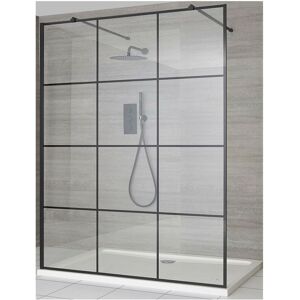 Barq - Black Floating Glass Walk In Wet Room Shower Enclosure with Grid Pattern Screen Support Arms and White Tray - 900mm x 800mm - Milano Barq - Black Floating Glass Walk In Wet Room Shower Enclosure with Grid Pattern Screen Support Arms and White Tray - 900mm x 800mm - Milano