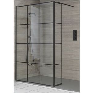 HUDSON REED Milano Barq - Black Recessed Walk In Wet Room Shower Enclosure with Grid Pattern Screen Hinged Return Panel Support Arm and Light Grey Slate Effect HUDSON REED Milano Barq - Black Recessed Walk In Wet Room Shower Enclosure with Grid Pattern Screen Hinged Return Panel Support Arm and Light Grey Slate Effect