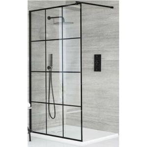 Barq - Black Walk In Wet Room Shower Enclosure with Grid Pattern Screen Support Arm and White Slate Effect Tray - 900mm x 800mm - Milano Barq - Black Walk In Wet Room Shower Enclosure with Grid Pattern Screen Support Arm and White Slate Effect Tray - 900mm x 800mm - Milano