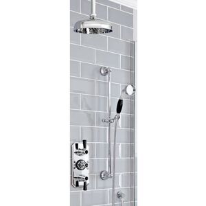 Milano - Elizabeth - Traditional 2 Outlet Triple Thermostatic Mixer Shower Valve with Ceiling Mounted 205mm Round Rainfall Shower Head and Riser Rail Milano - Elizabeth - Traditional 2 Outlet Triple Thermostatic Mixer Shower Valve with Ceiling Mounted 205mm Round Rainfall Shower Head and Riser Rail