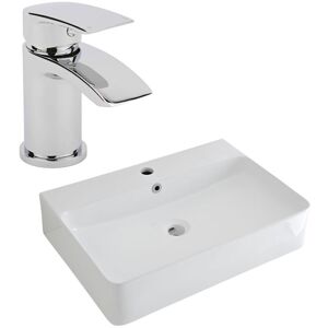 No Brand - Milano Farington - Modern 600mm x 420mm White Ceramic Rectangular Countertop Bathroom Basin Sink - With Mixer Tap No Brand - Milano Farington - Modern 600mm x 420mm White Ceramic Rectangular Countertop Bathroom Basin Sink - With Mixer Tap