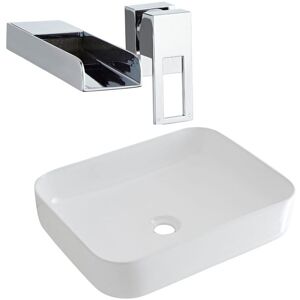 Milano - Longton - Modern White Ceramic 500mm x 390mm Rectangular Countertop Bathroom Basin Sink and Basin Mixer Tap - With Wall-Mounted Tap Milano - Longton - Modern White Ceramic 500mm x 390mm Rectangular Countertop Bathroom Basin Sink and Basin Mixer Tap - With Wall-Mounted Tap