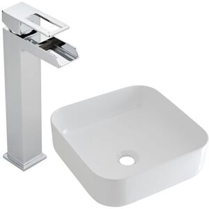 Milano - Rivington - Modern White Ceramic 400mm Square Countertop Bathroom Basin Sink and Basin Mixer Tap - With High Rise Tap Milano - Rivington - Modern White Ceramic 400mm Square Countertop Bathroom Basin Sink and Basin Mixer Tap - With High Rise Tap