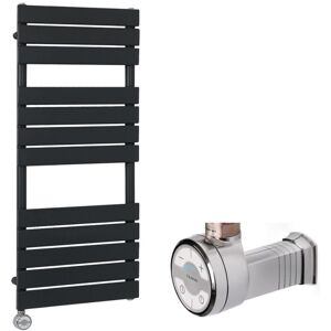Lustro Electric - Modern Black Flat Panel Heated Towel Rail Radiator with Thermostatic Heating Element and Cable Cover - 1200mm x 450mm - Milano Lustro Electric - Modern Black Flat Panel Heated Towel Rail Radiator with Thermostatic Heating Element and Cable Cover - 1200mm x 450mm - Milano