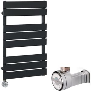 Milano Lustro Electric - Modern Black Flat Panel Heated Towel Rail Radiator with Thermostatic Heating Element and Cable Cover - 825mm x 450mm Milano Lustro Electric - Modern Black Flat Panel Heated Towel Rail Radiator with Thermostatic Heating Element and Cable Cover - 825mm x 450mm