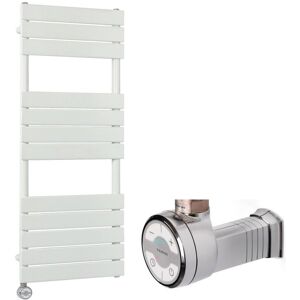Lustro Electric - Modern White Flat Panel Heated Towel Rail Radiator with Thermostatic Heating Element and Cable Cover - 1200mm x 450mm - Milano Lustro Electric - Modern White Flat Panel Heated Towel Rail Radiator with Thermostatic Heating Element and Cable Cover - 1200mm x 450mm - Milano
