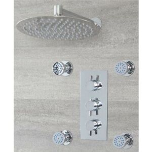 Milano - Mirage - Modern 2 Outlet Triple Thermostatic Mixer Shower Valve with 300mm Wall Mounted Round Rainfall Shower Head and Four Body Jets Milano - Mirage - Modern 2 Outlet Triple Thermostatic Mixer Shower Valve with 300mm Wall Mounted Round Rainfall Shower Head and Four Body Jets