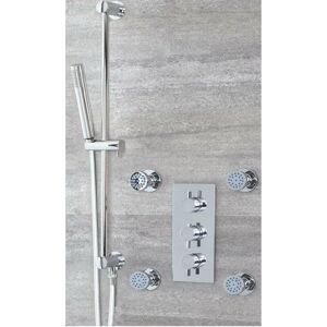 Milano Mirage 2 Outlet Triple Thermostatic Mixer Shower Valve with Hand Shower Handset Slide Rail Bar Kit and Four Body Jets - Chrome Milano Mirage 2 Outlet Triple Thermostatic Mixer Shower Valve with Hand Shower Handset Slide Rail Bar Kit and Four Body Jets - Chrome