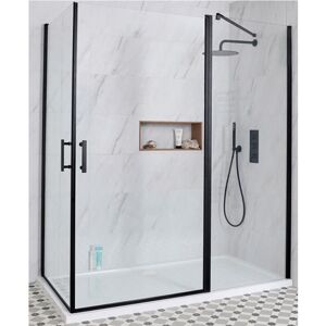 Milano Nero Black Corner Walk In Wet Room Hinged Door Shower Enclosure with White Tray and Fast Flow Waste - 1600mm x 700mm Milano Nero Black Corner Walk In Wet Room Hinged Door Shower Enclosure with White Tray and Fast Flow Waste - 1600mm x 700mm