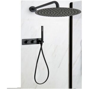 Milano - Nero - Modern 2 Outlet Twin Diverter Thermostatic Mixer Valve with 300mm Round Wall Mounted Rainfall Shower Head and Hand Shower Handset Kit Milano - Nero - Modern 2 Outlet Twin Diverter Thermostatic Mixer Valve with 300mm Round Wall Mounted Rainfall Shower Head and Hand Shower Handset Kit