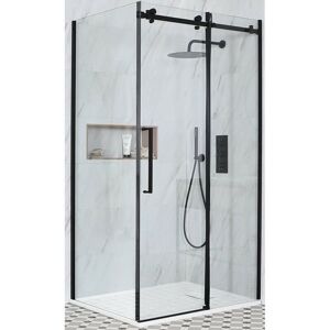 Nero - Black Reversible Corner Frameless Sliding Door Shower Enclosure with White Slate Effect Tray and Fast Flow Waste - 1400mm x 800mm - Milano Nero - Black Reversible Corner Frameless Sliding Door Shower Enclosure with White Slate Effect Tray and Fast Flow Waste - 1400mm x 800mm - Milano