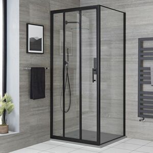 Milano Nero - Black Corner Wet Room Walk In Triple Sliding Door Shower Enclosure with Light Grey Slate Effect Tray and Fast Flow Waste - 800mm x 900mm Milano Nero - Black Corner Wet Room Walk In Triple Sliding Door Shower Enclosure with Light Grey Slate Effect Tray and Fast Flow Waste - 800mm x 900mm