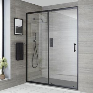Nero - Black Reversible Walk In Wet Room Sliding Door Shower Enclosure with Light Grey Slate Effect Tray and Fast Flow Waste - 1100mm x 700mm - Milano Nero - Black Reversible Walk In Wet Room Sliding Door Shower Enclosure with Light Grey Slate Effect Tray and Fast Flow Waste - 1100mm x 700mm - Milano