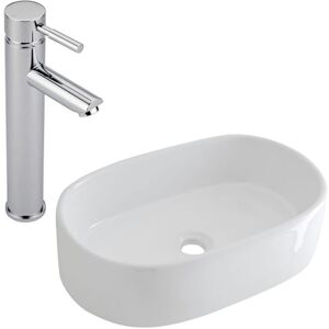Milano - Overton - Modern 480mm x 350mm White Ceramic Oval Countertop Bathroom Basin Sink - With High Rise Tap Milano - Overton - Modern 480mm x 350mm White Ceramic Oval Countertop Bathroom Basin Sink - With High Rise Tap