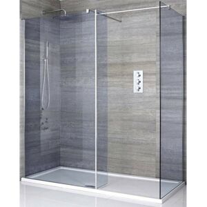 Milano Portland-Luna - Chrome Corner Walk In Frameless Wet Room Shower Enclosure with Smoked Glass Screens and Hinged Return Panel Support Arms and White Milano Portland-Luna - Chrome Corner Walk In Frameless Wet Room Shower Enclosure with Smoked Glass Screens and Hinged Return Panel Support Arms and White