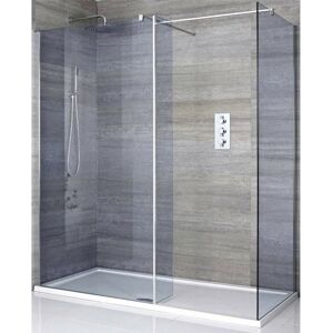 Milano Portland-Luna - Chrome Corner Walk In Frameless Wet Room Shower Enclosure with Smoked Glass Screens and Hinged Return Panel Support Arms and White Milano Portland-Luna - Chrome Corner Walk In Frameless Wet Room Shower Enclosure with Smoked Glass Screens and Hinged Return Panel Support Arms and White